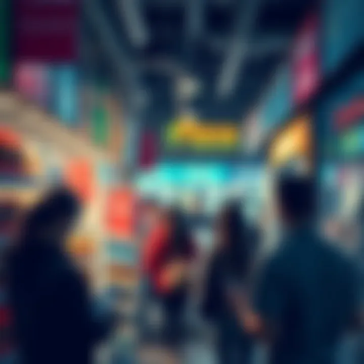 Crypto payments at a store A busy store with customers using their phones to make crypto payments, showcasing Flexa's technology in action