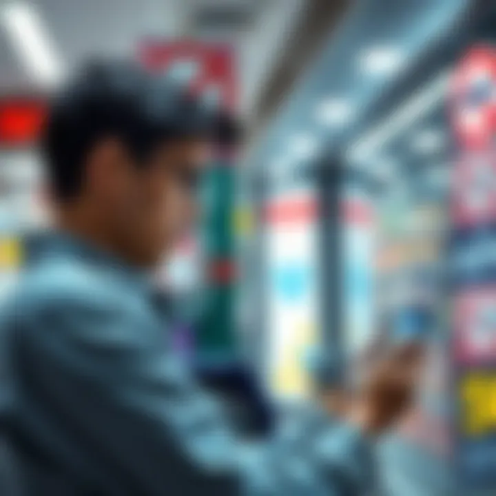 A person frustrated while using a crypto wallet on their phone with a store in the background showing no crypto acceptance signs.