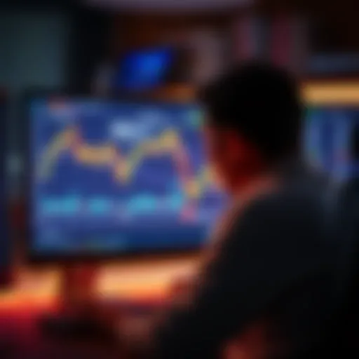 A person looking at a declining cryptocurrency chart on a computer screen, contemplating their investment strategy.