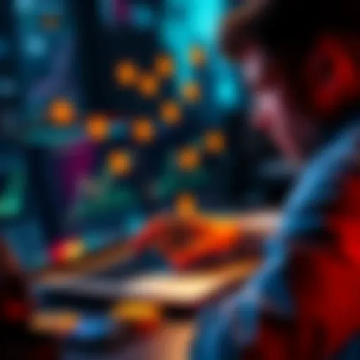 A person analyzing cryptocurrency charts and graphs on a laptop with Bitcoin symbols around them, thinking about portfolio rebalancing strategies.