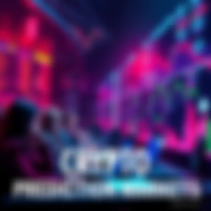 A visual representation of people engaged in online prediction markets for cryptocurrencies, with charts and graphs indicating market trends.