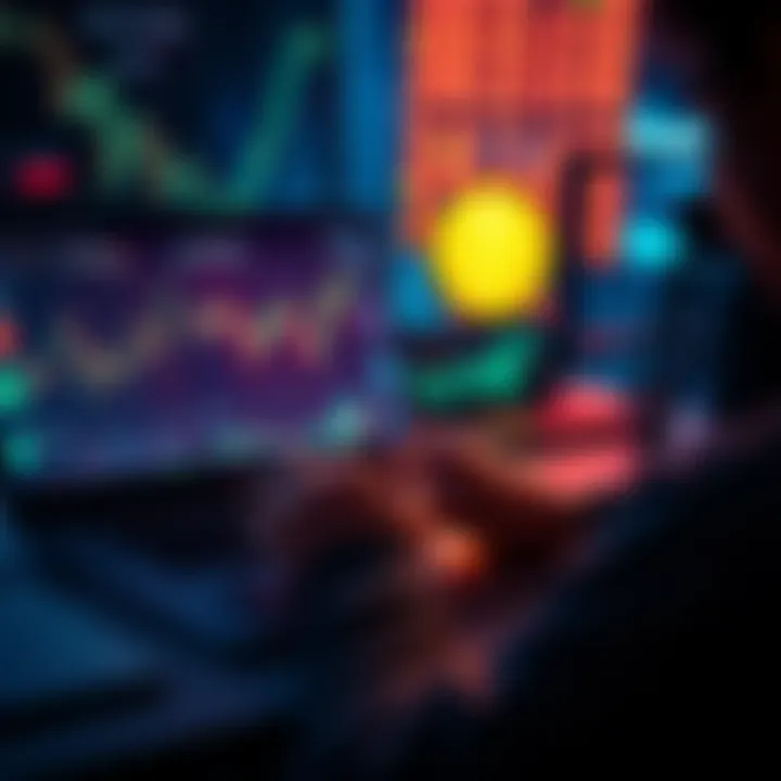 A person analyzing cryptocurrency trends on a laptop with charts and graphs displayed, focusing on ADA and BTC predictions.