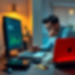 A person calculating crypto profits with a computer and money on the table, looking stressed about spending them.