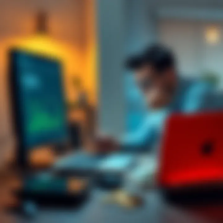 A person calculating crypto profits with a computer and money on the table, looking stressed about spending them.