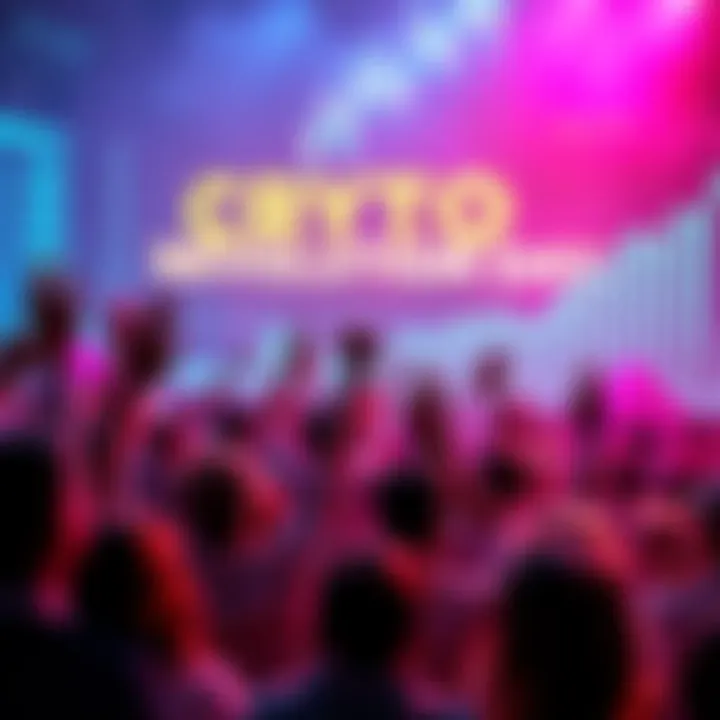 People celebrating the rise of cryptocurrency, with charts showing growth and excitement in the background