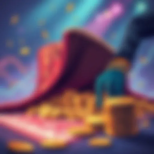 An illustration showing a person pulling a rug from under a pile of coins, symbolizing the act of a rug pull in cryptocurrency.