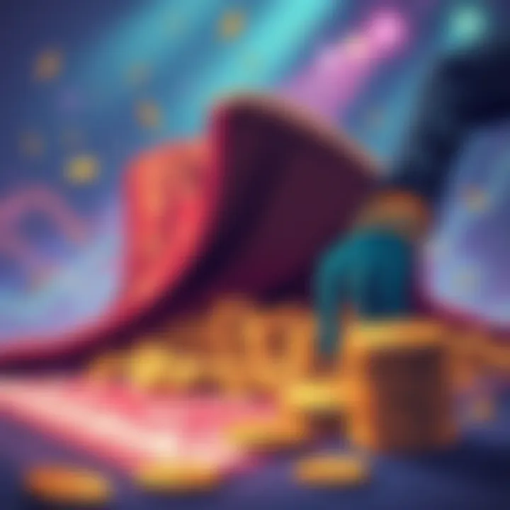 An illustration showing a person pulling a rug from under a pile of coins, symbolizing the act of a rug pull in cryptocurrency.