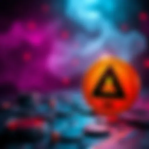 A graphic showing a warning sign next to a cryptocurrency symbol, illustrating a scam alert related to high staking returns.