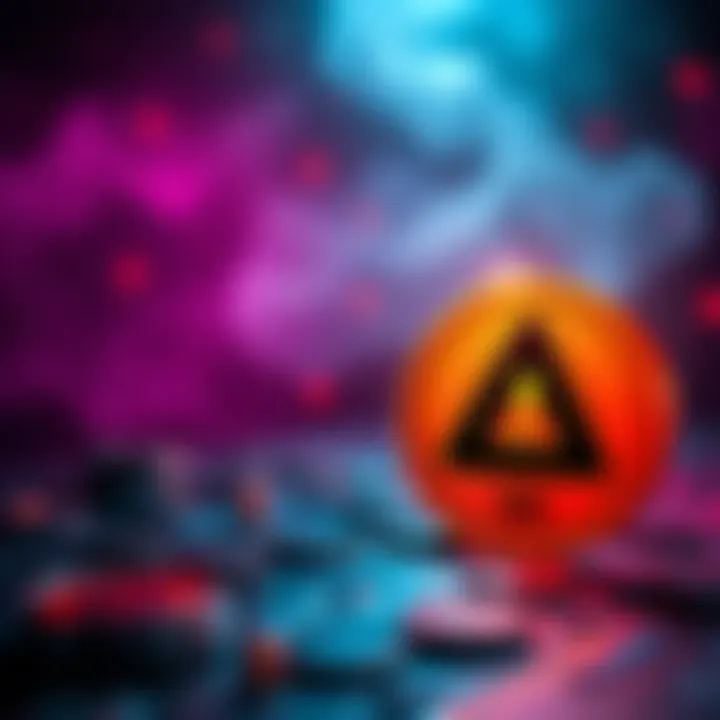 A graphic showing a warning sign next to a cryptocurrency symbol, illustrating a scam alert related to high staking returns.