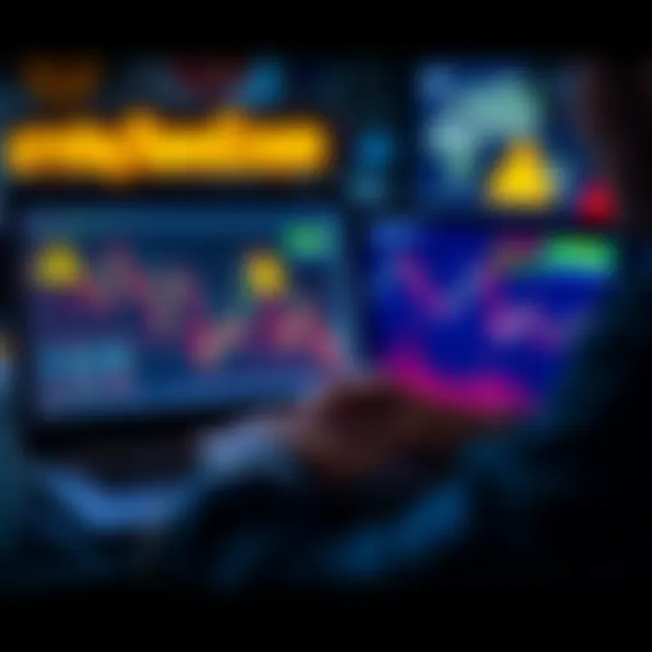 A person analyzing cryptocurrency graphs on a laptop with warning signs visible, representing pump-and-dump and rug pull schemes.
