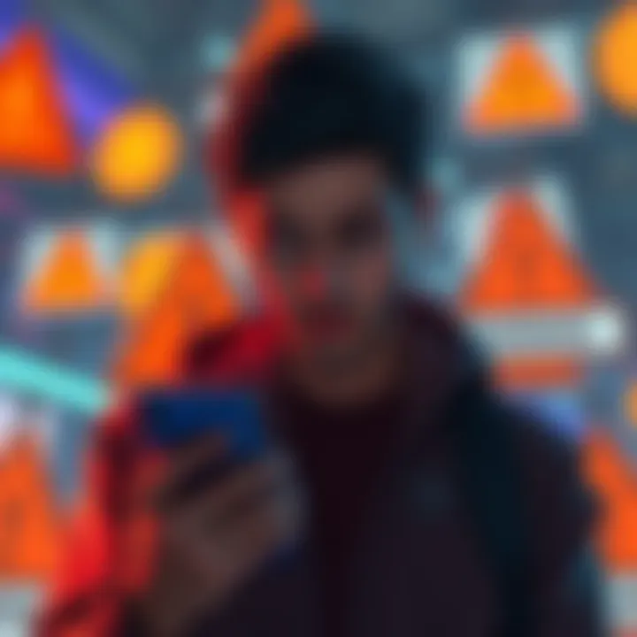 A person looking concerned while checking their phone for crypto alerts with warning signs in the background