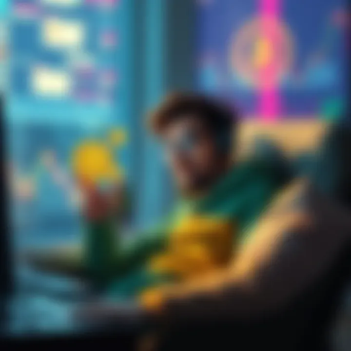 A person relaxing while checking crypto rewards on a computer, symbolizing stress-free trading strategies in the crypto market.