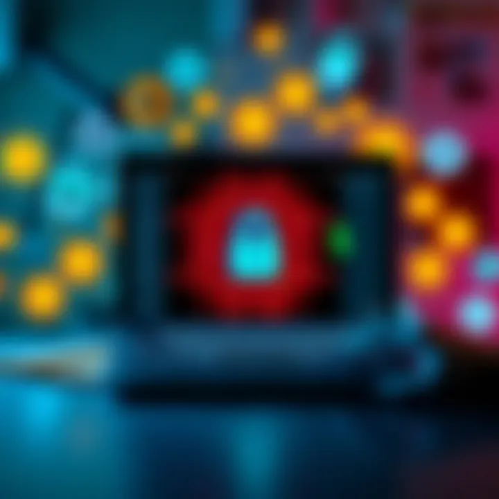 A person using a laptop with an encrypted virtual machine for cryptocurrency management, surrounded by crypto symbols and wallet icons.