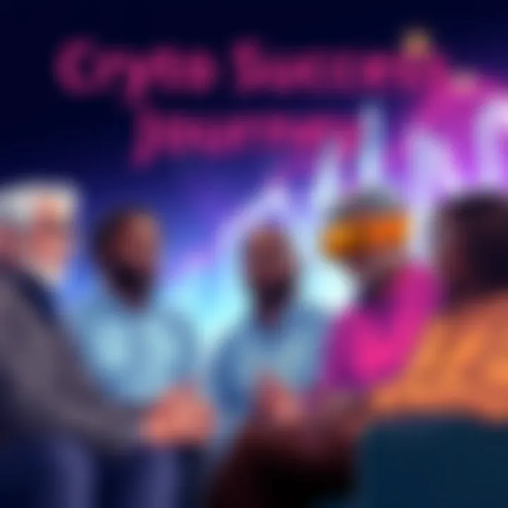 Crypto Success Journey A diverse group of investors sharing their experiences in cryptocurrency trading and market challenges.