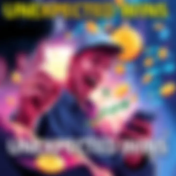 A person excitedly checks their phone with a cryptocurrency chart showing a sharp rise. They are surrounded by coins and financial symbols, symbolizing unexpected gains.