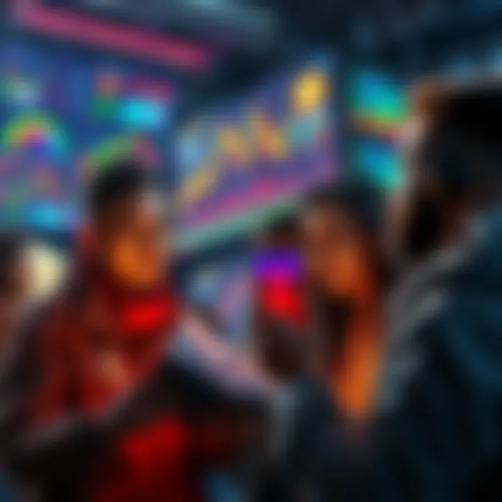 New investors looking at digital wallets and market charts in a vibrant crypto community