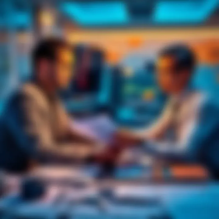 A tax accountant reviews cryptocurrency records with a client at a desk filled with financial documents.