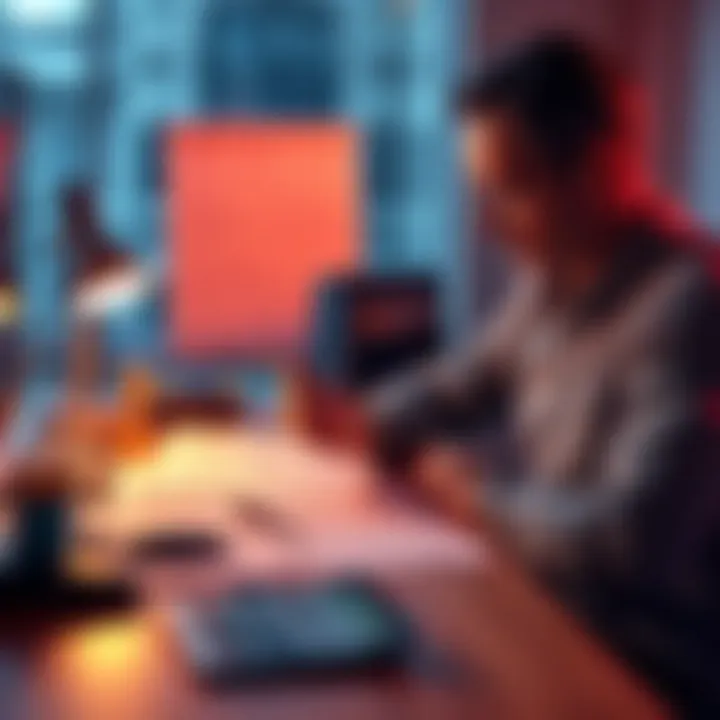 A person sitting at a desk with a calculator, tax forms, and cryptocurrency coins, focusing on reducing tax liabilities