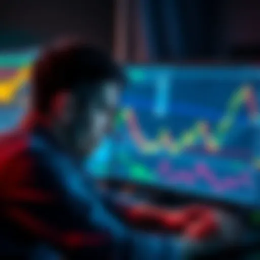 A worried person looking at cryptocurrency charts on a computer screen, symbolizing tax worries over unrealized gains in the Netherlands.