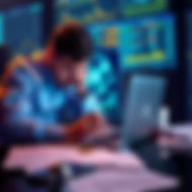 A worried investor looks at cryptocurrency data on a laptop with tax forms scattered around