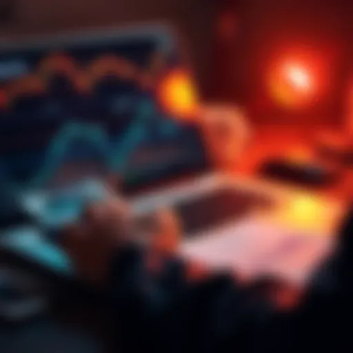 A person calculating taxes on their cryptocurrency earnings with a calculator and a laptop. Graphs and charts related to crypto are visible on the screen.