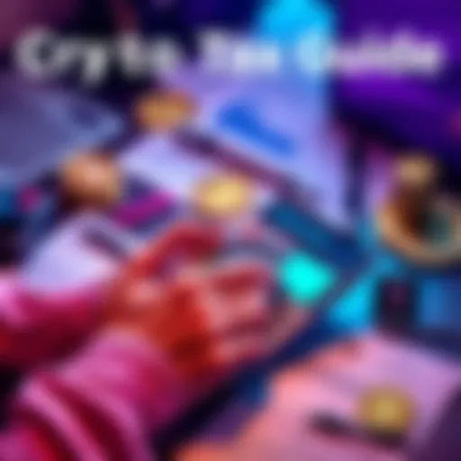 A person calculating taxes with a calculator, cryptocurrency symbols around, and documents related to capital gains.