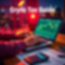 A person reviewing cryptocurrency transactions on a laptop with tax documents and calculators on the table, representing tax preparation for crypto trading.