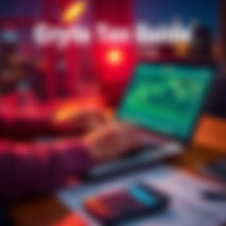 A person reviewing cryptocurrency transactions on a laptop with tax documents and calculators on the table, representing tax preparation for crypto trading.