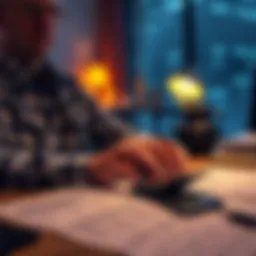 A person calculating cryptocurrency taxes with a calculator and tax documents on a desk, looking concerned about tax implications after Quadriga CX.