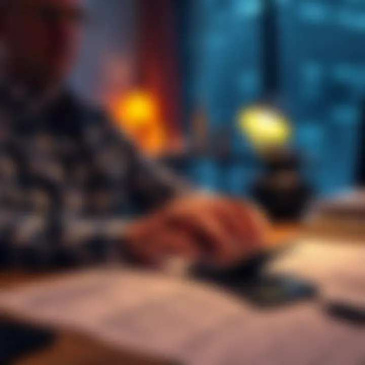 A person calculating cryptocurrency taxes with a calculator and tax documents on a desk, looking concerned about tax implications after Quadriga CX.