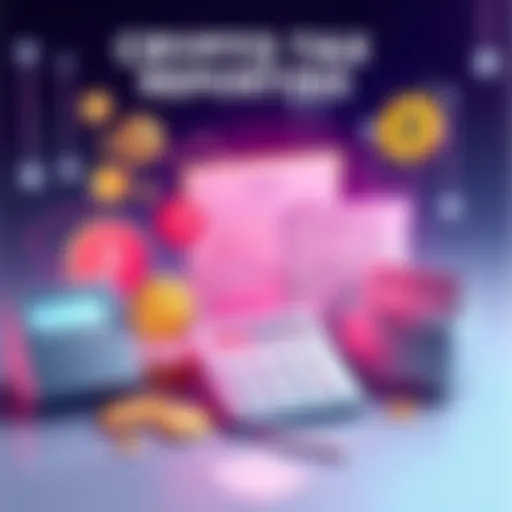 A visual representation of crypto tax reporting showing various cryptocurrencies, tax forms, and a calculator, illustrating the confusion about tax thresholds.