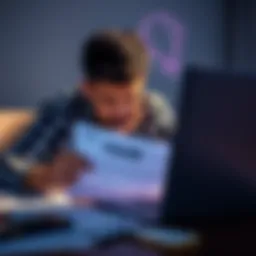 A person looks stressed while reviewing tax documents related to cryptocurrency transactions, surrounded by a laptop and financial papers.