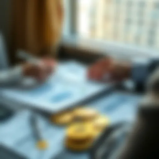 A person reviewing tax documents with cryptocurrency symbols on the table