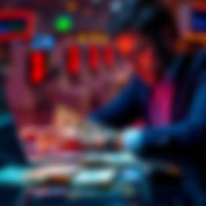 A person calculating taxes on online gambling winnings with cryptocurrency, surrounded by dollar bills and a laptop.