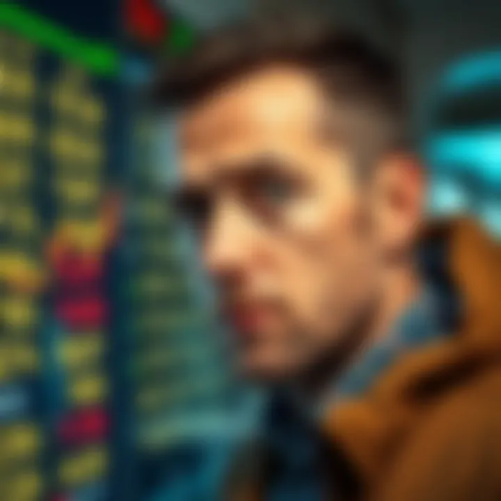 A man looking worried while looking at a digital display of cryptocurrency values, representing the $40 million theft connection to a US government contractor's son.