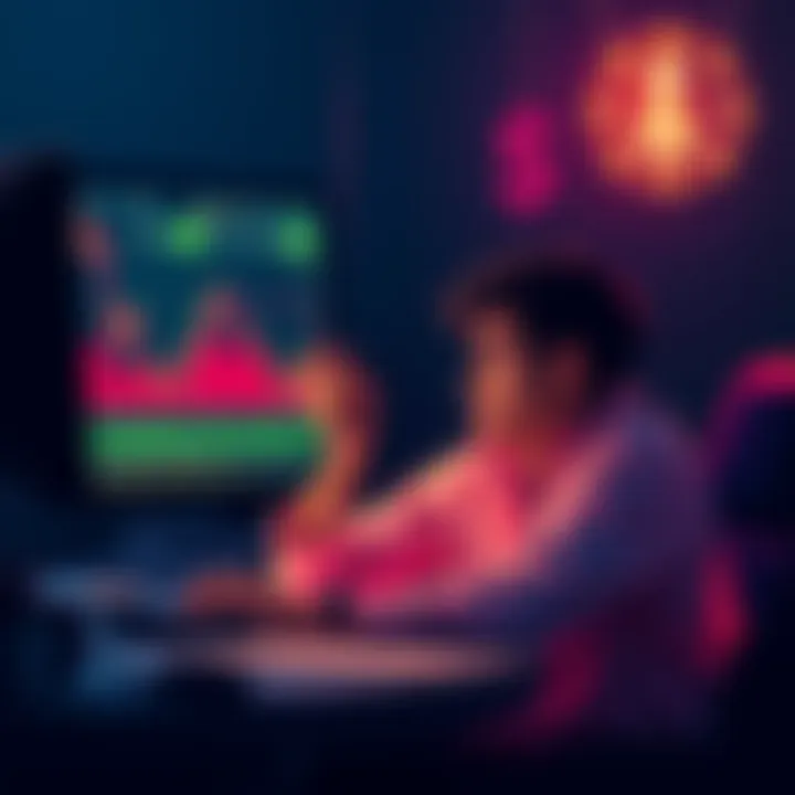 A person sitting at a desk, looking at a chart showing falling cryptocurrency prices, with a worried expression on their face.