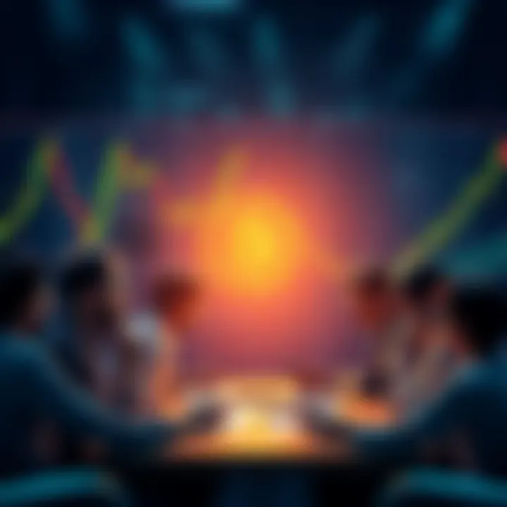 A group of people discussing a complex cryptocurrency contract with charts and graphs in the background, highlighting the confusion and debate over digital asset gambling.