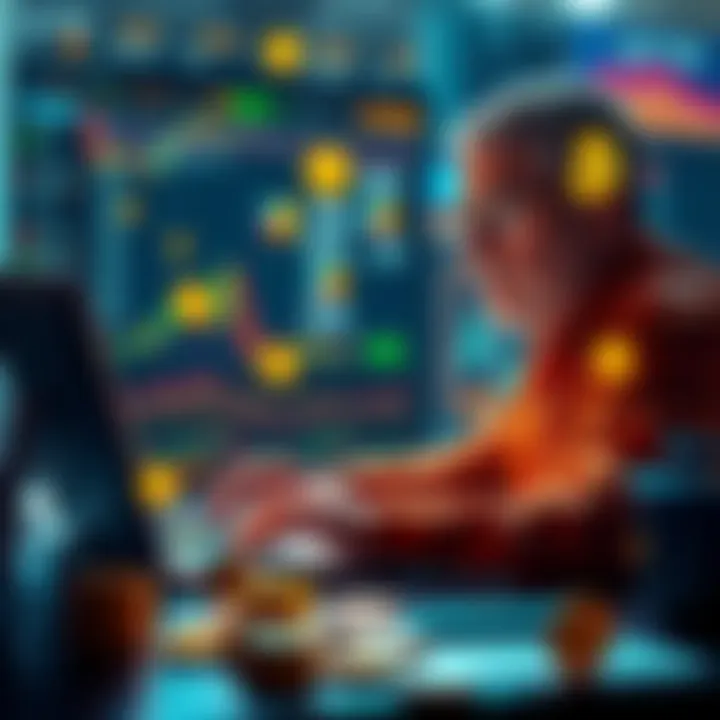 A seasoned crypto trader reviewing charts and data on a laptop, surrounded by digital currency symbols.