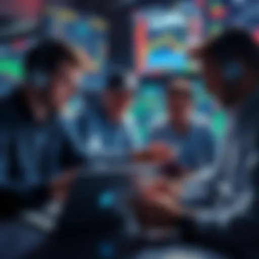 A group of successful crypto traders analyzing market charts on laptops and discussing strategies.