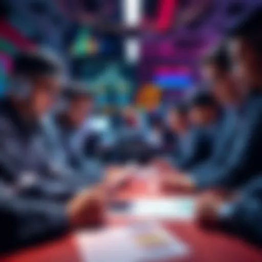 A diverse group of traders discussing tax filing for cryptocurrency, with graphs and documents on a table