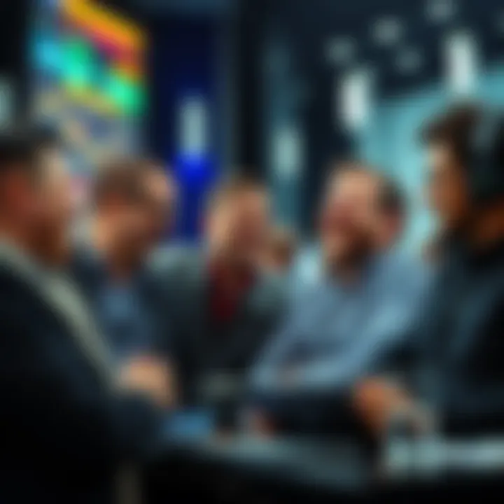A group of crypto traders sharing a laugh while discussing market strategies in a lively forum setting.