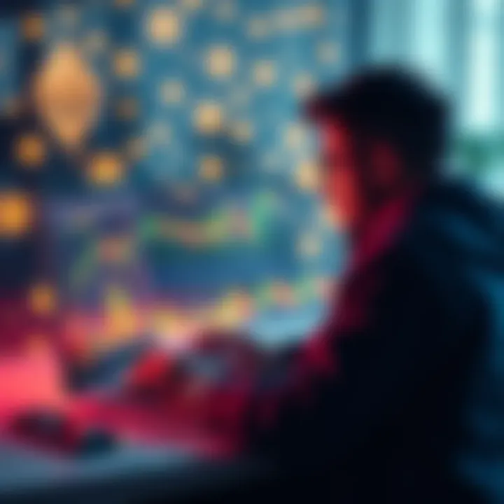 A person analyzing Ethereum trading charts on a laptop with cryptocurrency symbols in the background.