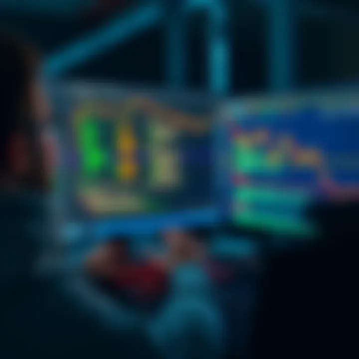 A programmer working on a crypto trading bot platform with code on a computer screen and charts in the background