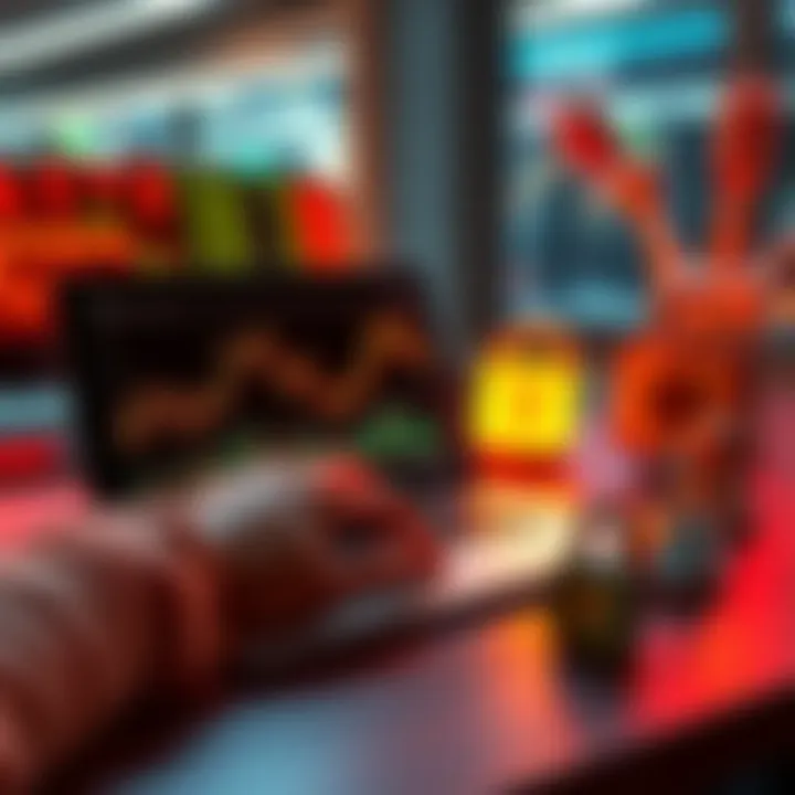 A person analyzing cryptocurrency charts on a laptop, with symbols of caution and security nearby.