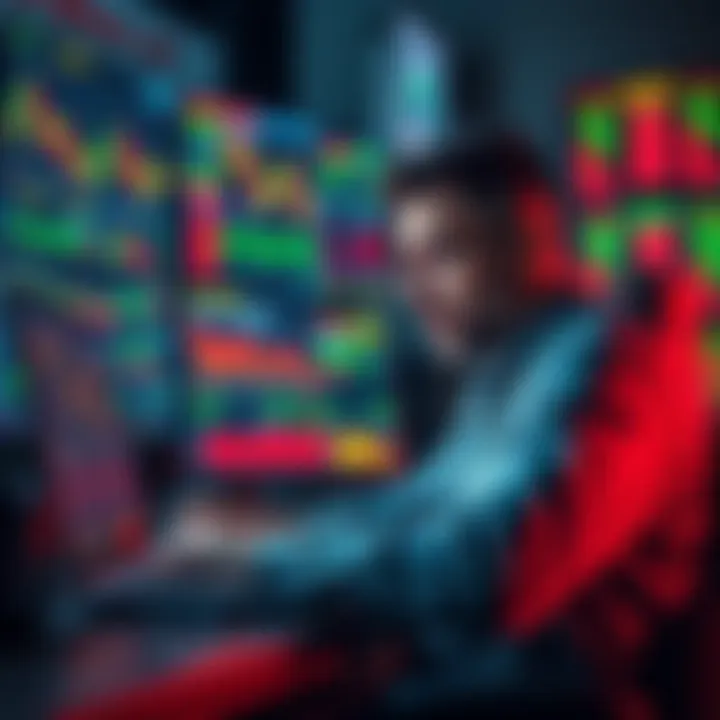 A trader looking frustrated while monitoring multiple cryptocurrency exchanges on a laptop, with graphs and charts on the screen.