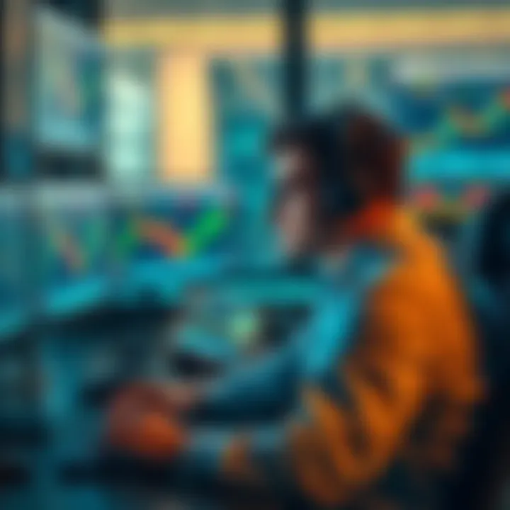 A trader sitting at a desk, focused on multiple screens displaying crypto market charts and graphs, looking determined to re-enter the market.