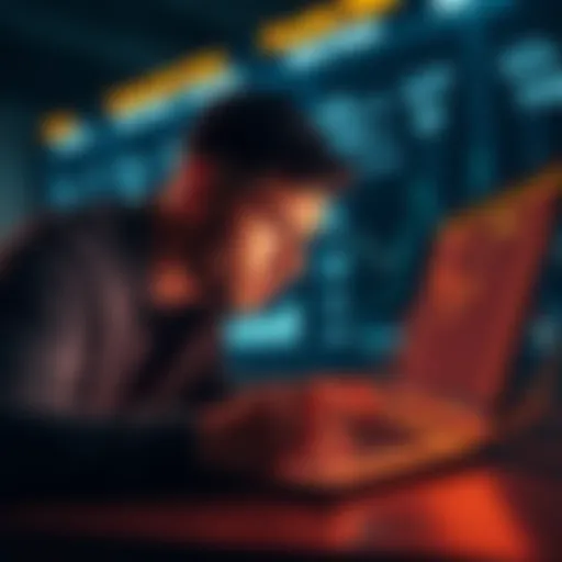 A concerned person looking at a laptop with graphs and high fees highlighted, symbolizing worries on crypto platforms.