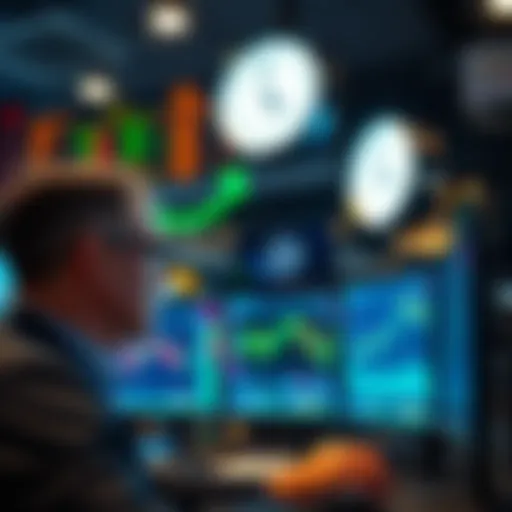A stock trader looking at multiple screens showing crypto prices, with a clock indicating 24/7 trading hours.