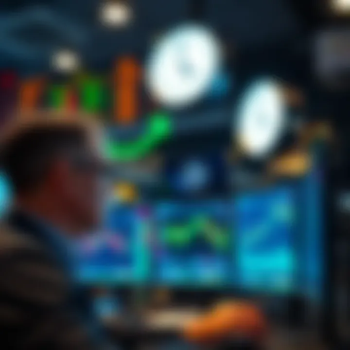 A stock trader looking at multiple screens showing crypto prices, with a clock indicating 24/7 trading hours.
