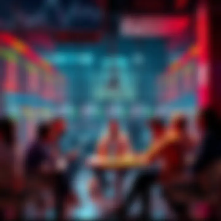 A group of traders discussing cryptocurrency trends and warnings in a modern setting.